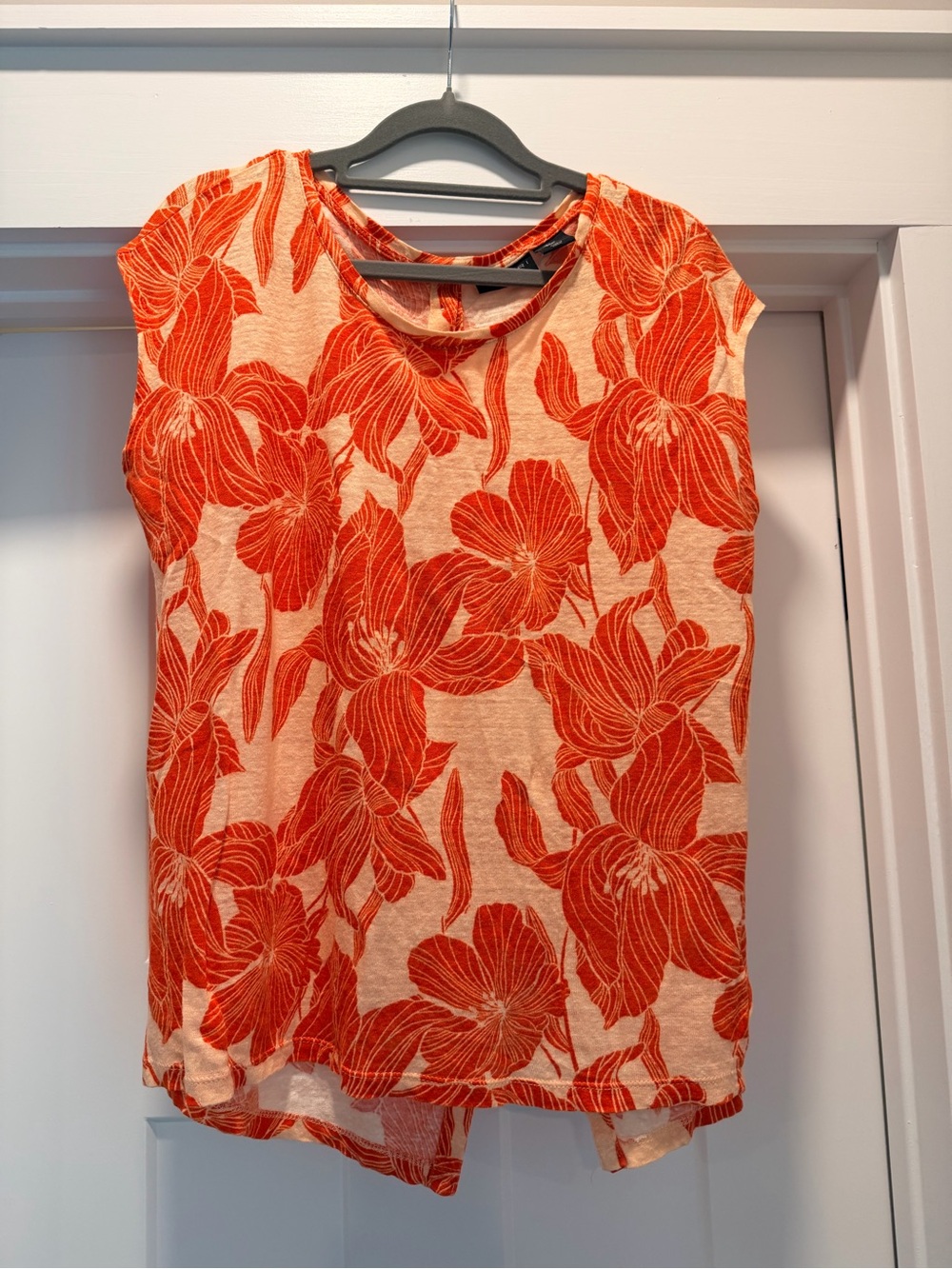 Tahari 100% Linen Floral Cap Sleeve Blouse Top Orange Cream